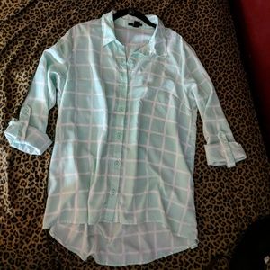 Size Large Pale Blue Plaid Style Button Top